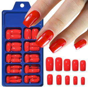 120pcs Glossy Red Short Square Fake Nail Tips 10Sizes Full Cover Press On Nails for Women Daily Party Wearable False Fingertips