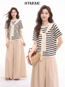 HTMEME | Versatile Casual Business Wool-blend Poncho Stripe Short-sleeve Knit Top