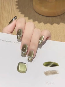 Autumn Winter New Style Handmade Detachable French Cat Eye Nail Art Green Dye White Enhancing Wearable False Nails Premium Feel