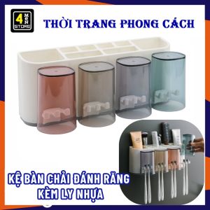 Kệ Để Bàn Chải Đánh Răng Cao Cấp Dán Tường Kèm Ly Nhựa - Giá Treo Bàn Chải Kèm 4 Cốc Tiện Lợi - Kệ Để Đồ Nhà Tắm Dán Tường