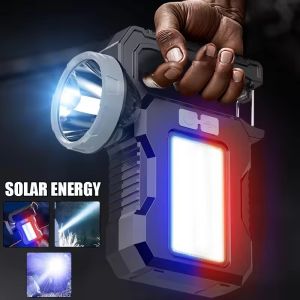 Super Bright Solar Handlamp LED Red and Blue Warning Flashlight Long Shot Strong Light Type-C Charging Outdoor Large Capacity Camping Lights