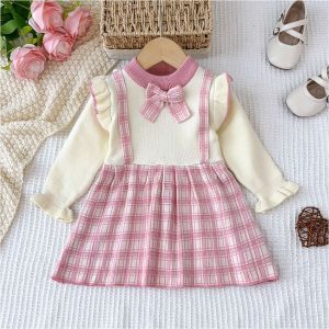 เสื้อผ้าเสื้อแขนยาวคอกลมแขนยาวสำหรับเด็กผู้หญิงชุดสไตล์เกาหลีลายหมีเย็บปะติดโบว์