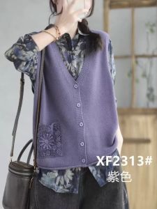 Spring Autumn Knitted V-Neck Cotton Thread Open Cardigan Vest Womens Artistic Hollow Pocket Loose Versatile Sleeveless Vest Trendy
