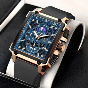 LIGE New Men Watches Luxury Hollow Square Sport Watch For Men Fashion Silicone Strap Waterproof Quartz WristWatch+Box