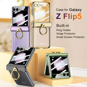 Sleek Metallic Z Flip 6 7FE Clear Case Magnetic Hinge Cover Ring Stand Samsung Galaxy Z Flip7 FE Casing Full Protection Anti-Drop Durable Transparent Phone Case with Tempered Glass