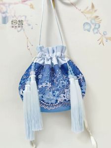 Xianfu Original Embroidered Green Hanfu Bag  Style Crossbody Leisure Drawstring Small Package Soft Polyester Material