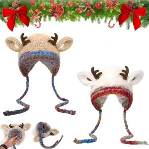 New Fur Deer Storage Hat Windproof Warm Festival Christmas Antler Hat Adjustable 2 In 1 Knitted Deer Antler Hat Winter