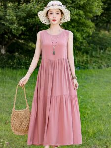 Summer New Style Cotton Silk Dress Beach Vacation Casual A-Line Artificial Cotton Long Skirt Sleeveless round Neck Gown