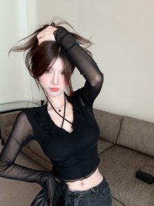 Adult Lady like Woman Sweet and Spicy Style Ruffles Long Sleeves T-Shirt Womens Early Autumn New Silm Short Atmosphere V Neck Pure Desire Bottoming Shirt