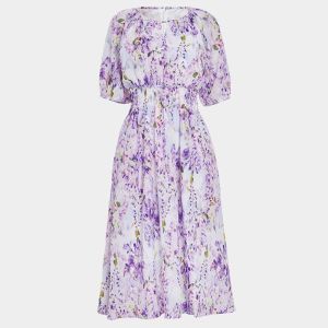MY TENO | Matenlu Summer New Style Purple Print Chiffon Dress Elastic Waist Bubble Sleeve Holiday Atmosphere Womens Fashion Dress