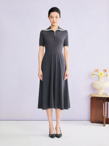 YINER | Elegant Age-reducing Color-blocking Half Zip-up Sailor Collar Interwoven Dress