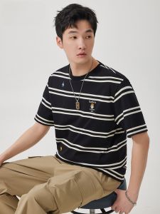 Cabbeen Mens Short Sleeve T-Shirt Embroidered Casual round Neck Breathable Summer Fashion Brand Loose Fit Artistic Theme