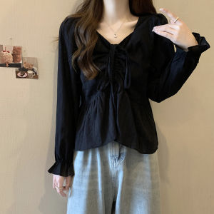 Áo Sơ Mi Cổ Chữ V Tay Bồng Màu Xanh Cỡ Lớn Có Dây Rút Ôm Sát Cơ Thể Mùa Hè Ngắn Tay Áo Sơ Mi Nữ Phong Cách Pháp Che Bụng