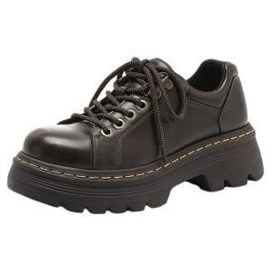 Josiny | Leather Shoes for Women British Style Versatile Thick Soles Brown Coarse Heel
