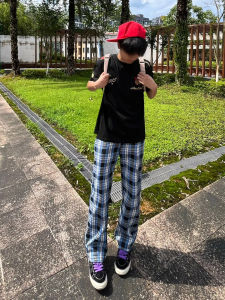 LIUBU | Slim Vintage Blue Plaid Summer Trousers