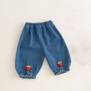 2025 สไตล์เกาหลีน่ารักปักสตรอเบอร์รี่ออกแบบเด็กผู้หญิงเสื้อกางเกงยีนส์ชุดเด็ก Outwear เสื้อผ้าชุดเสื้อผ้า