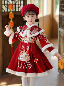 ชุดเดรสเด็กผู้หญิงสไตล์เจ้าหญิงสีแดง ชุดฤดูหนาว เสื้อผ้าเด็ก สไตล์จีน ชุดฮ่องกง ชุดเดรสจีนโบราณ ชุดเด็กผู้หญิง