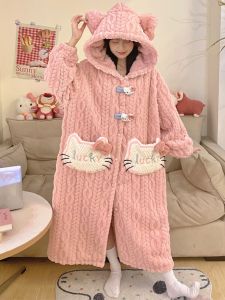 Hello Kitty Pajamas Girls Autumn and Winter Youth Coral Fleece Thickened Junior High School Student Nightgown Cute Long Bathrobe