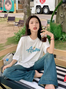 White Cotton T-Shirt Womens Summer Loose Short Sleeve round Neck Print Korean Style Fashionable Unique Design Top