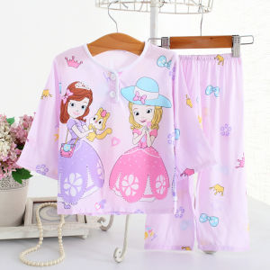 Summer Childrens Sleepwear Set Thin Cotton Silk Long Sleeve Air Conditioned Home Clothes for Baby Boys And Girls Ages 1-13
