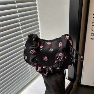 Sweet Floral Canvas Shoulder Bag Womens Drawstring Bag Versatile High Aesthetic Value Crossbody Bag Casual Style Underarm Bag