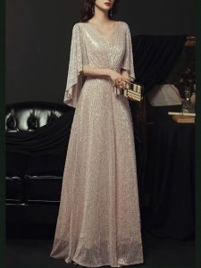 Elegant Long Dress Shiny Sequins Heavy Embroidery V-Neck Waist Cinching Slimming Effect Full Skirt mid Sleeve Zipper Closure