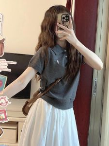 Retro Embroidered Polo Neck Short Sleeve Knitted T-Shirt Womens Casual Versatile Summer Top Slim Fit Chinese Production