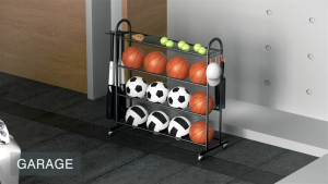 Basketball Rack Holder Basketball Storage Rack With Wheel Iron Rolling Ball Storage with Baseball Bat Holder and Hooks Kids Toy Organizer School for Football Basketball Volleyball Badminton Tennis Shelf