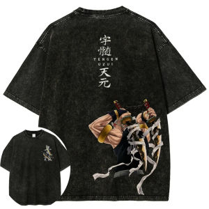 Bandai | Demon Slayer Mens and Womens Washed T-Shirt Tengen Uzui Summer Spring Anime Tee Retro Distressed Versatile Y2k Short Sleeve