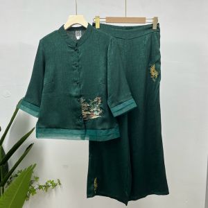 Elegant Embroidered Thin Two-Piece Set Fashionable Mommy Summer Wear Retro Chinese Style Loose Fit Short Sleeve round Neck