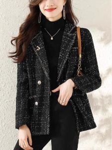 WANGGONGZHU | Womens Plaid Woolen Suit Jacket Autumn Winter Thickened Fleece Lined Loose Fit Princess Style Long Sleeve Button Up Coat