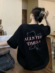 plus Size American Retro Short Sleeve T-Shirt Women Summer 2024 New Loose Slimming Pure Cotton Black Top Korean Style round Neck Print