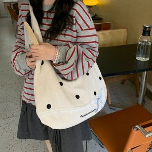 Denim Blue Embroidered Cherry Crossbody Bag Large Capacity Canvas Shoulder Bag for Commuting Womens Fashion Trend 2025