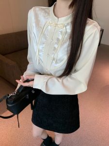 GUZILIAN | New Chinese Style Long Sleeve Chiffon Shirt Womens Autumn Winter Vintage National Style Small Shirt Elegance Top Button Stand Collar