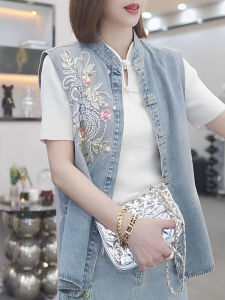 New Chinese Style Womens Vest 2025 Spring Autumn Denim Jacket Stand Collar Open Cardigan Outerwear Heavy Embellished Top