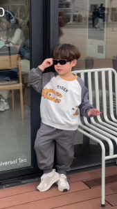 Set bộ thun da cá dài tay áo raplang phối màu họa tiết Animal kèm quần dài 9tới 28kg BERNIE T0725B36