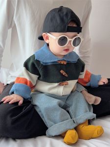 Spring Autumn Baby Clothes Knitted Cardigan And Denim Pants Two Piece Set for Infants And Toddlers Boys Striped Korean Style