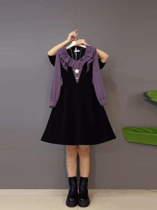 plus Size Long Sleeve Pleated Color Block Dress French Style Turn-down Collar Fake Two-piece Womens Fashion City Commute Dress