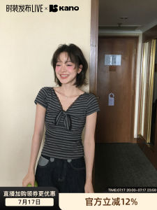 V-Neck Ribbon Lace Short Sleeve T-Shirt