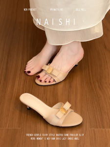NAISHI | Elegant Sheepskin Bow Metal Buckle Thin Heel Slide Sandals