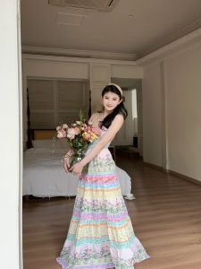 Pure Desire French Retro Floral Color Block Lace Trim High-End Sensation Strap Long Dress Splicing Floral Lace Trim Contrast Color Dress