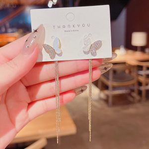 K-style New Arrival Unique Design Micro-Inlaid Fritillary Butterfly Studs Long 925 Silver Needle Tassel Earrings Women