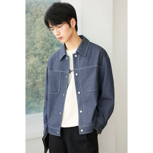 Mens Casual Style Jacket Coat with Stitching Line Denim Simulation Loose Fit Turn-down Collar Spring Autumn New Fashion Top