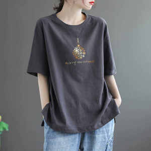 เสื้อยืดแขนสั้นผู้หญิง 100% คอตตอนแท้ สไตล์ลำลอง วินเทจ ลายดอกไม้ ทรงหลวม ฤดูร้อน ไซส์ใหญ่ เสื้อยืดคอกลม