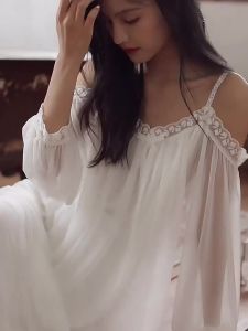 Áo ngủ lưới hở vai mùa hè với áo ngực đệm lãng mạn kiểu Pháp trắng dài váy ngủ nữ Đầm rộng ngọt ngào