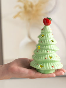 Cute Christmas Tree Night Light Ceramic Desktop Decoration Practical Birthday Gift for Girls Warm Yellow Light Handmade Craft