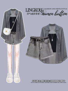 NUMEN BUTTON Spirit Buckle Womens Fashion Set Long Sleeve Sun-Protective Shirt Black Denim Shorts Polyester Material