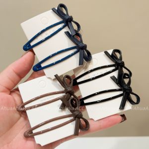 AhuaAhuaya Long Thin PU Leather BB Clip with Butterfly Knot in Caramel Color Personality Sweet Korean Style Hair Clip