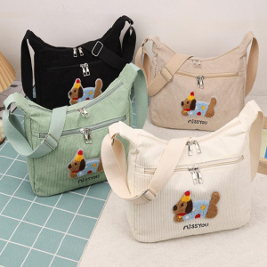 FQ1 Corduroy Shoulder Bag For Women Vintage Style Cartoon Dog Print Leisure Commuter Crossbody Bag QF1