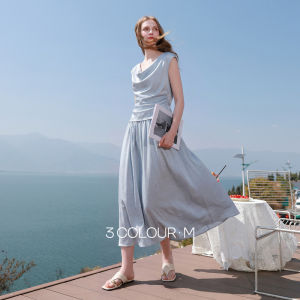 3COLOUR·S | Elegant Flounce Sleeve A-Line Dress Set Blue Women Commuter M